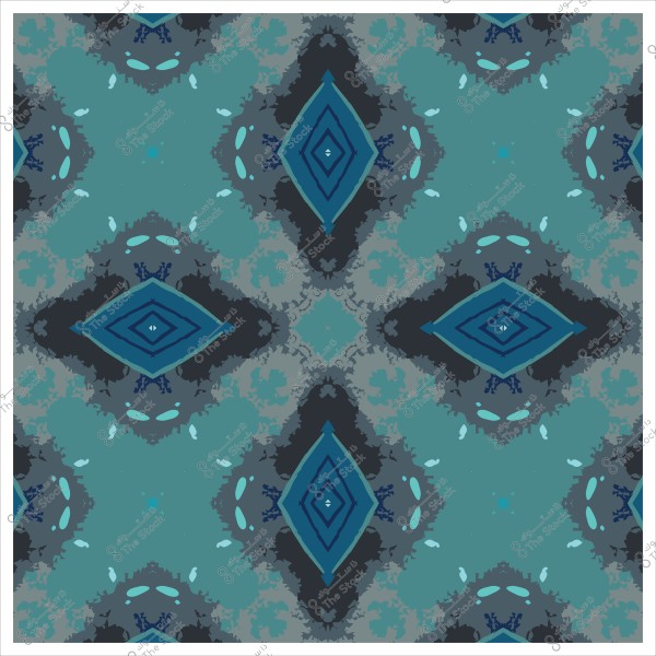 تصميم هندسي متماثل بألوان زرقاء وخضراء مع أشكال ماسيّة في الوسط.