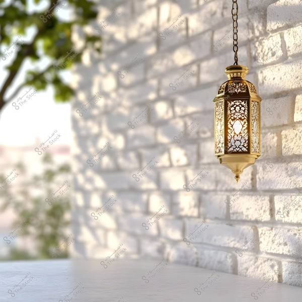 ** A golden lantern hanging on a white brick wall, illuminated with a warm light casting intricate shadows on the wall. In the background, tree leaves and branches are softly blurred, creating a serene and relaxed atmosphere.\r\n\r\n**
