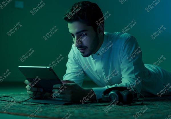 An image of a man lying on his stomach on the floor, looking at a tablet under low lighting. He is wearing a white thobe and traditional collar. Next to him are headphones on the carpet.
