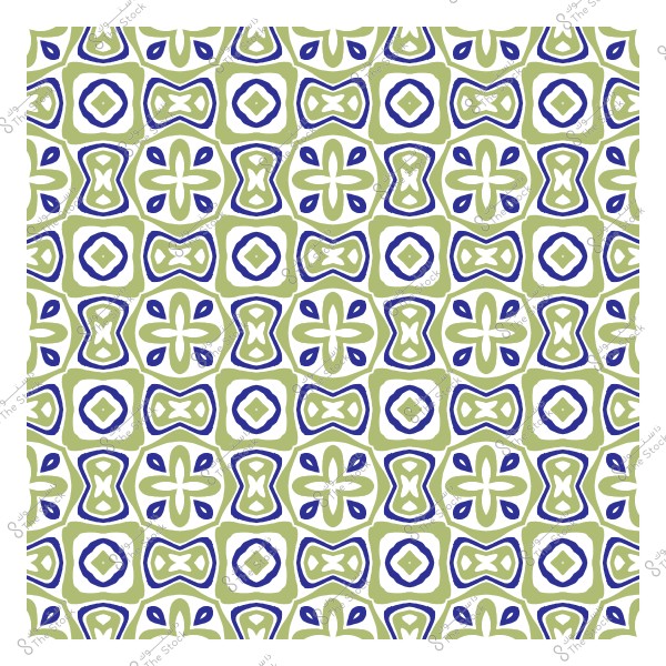 Repeating geometric pattern in blue and green, resembling traditional ornaments.