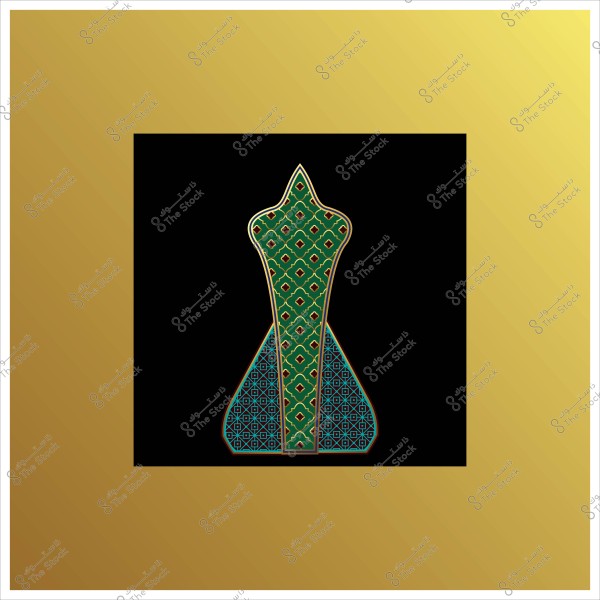 تصميم زخرفي عربي لنمط هندسي بشكل مائل. خلفية سوداء وإطار ذهبي.