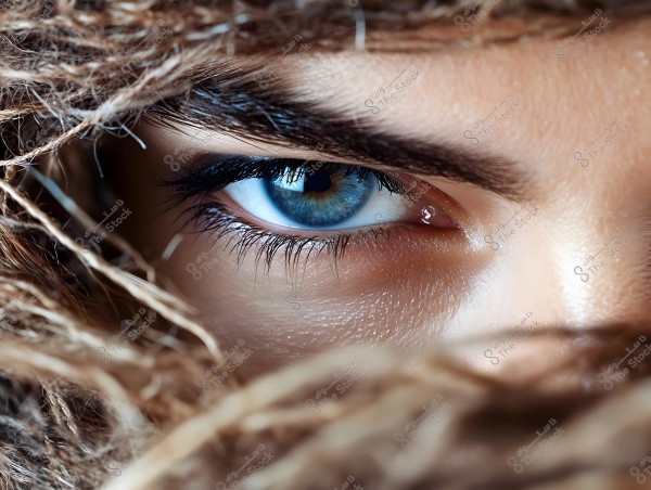 A close-up image of a blue eye surrounded by long eyelashes and thick eyebrows. Soft strands are interwoven around the eye, creating a mysterious and captivating appearance. The lighting highlights the eye color and skin texture.