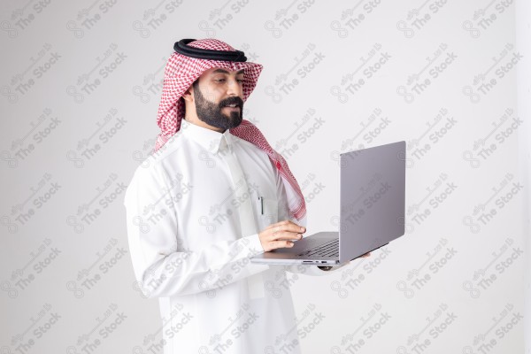 Portrait of a Saudi man holding a laptop and making different expressions, customer service, and communication.