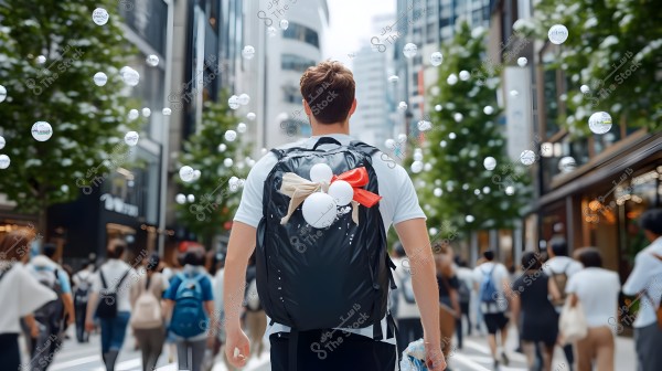 A person walking in a busy street in a modern city. They are wearing a white shirt and carrying a large black backpack adorned with white and red decorations. Small bubbles float in the air around them. Trees and modern buildings line the sides of the street.
