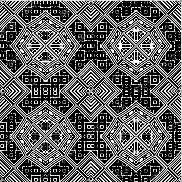 Black and white geometric pattern with interlocking designs of triangular and rectangular shapes and intricate ornaments.