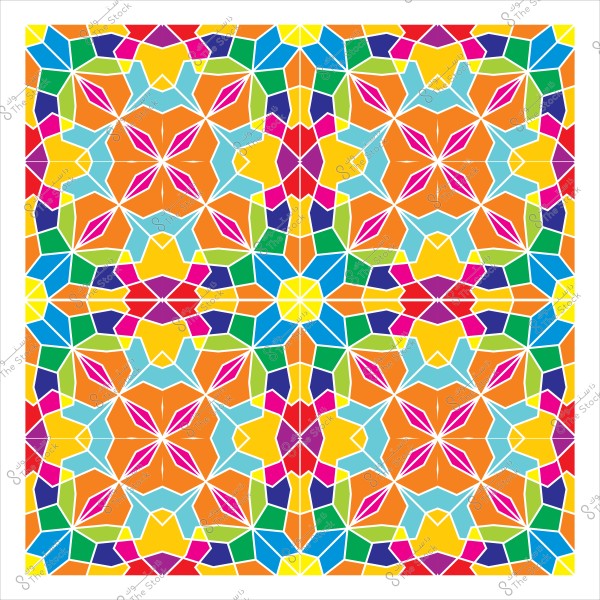تصميم زخرفي ملون مستوحى من الفن الإسلامي, يظهر أشكال هندسية متداخلة بألوان متعددة تشمل الأزرق والأحمر والبرتقالي والأصفر والأخضر.