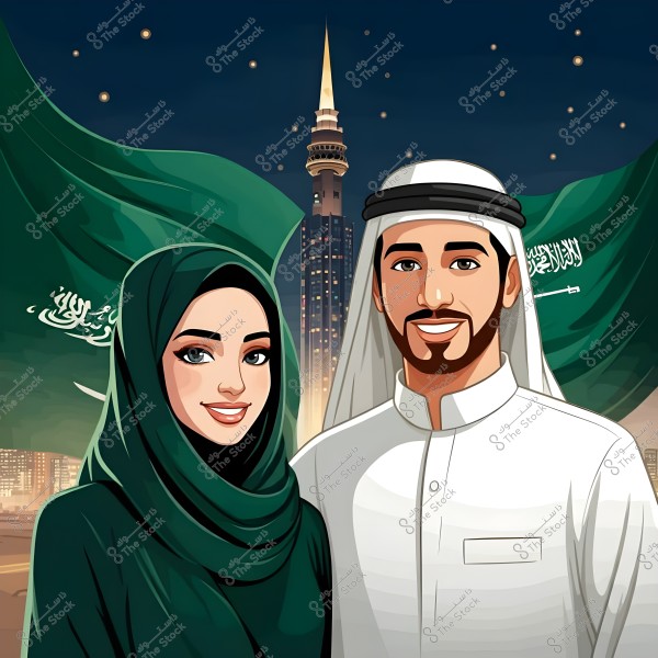 Illustration of a man and woman in traditional Saudi attire. The man is wearing a ghutra and agal, and the woman is wearing a hijab. In the background, Saudi flags and a notable skyscraper are visible under a starry night sky.