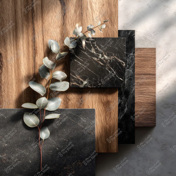 Image featuring a collection of overlapping wooden panels with black marble tiles. A branch with light green leaves lies on top of the panels, creating a striking contrast between the natural texture of the wood and the elegant appearance of the marble.
