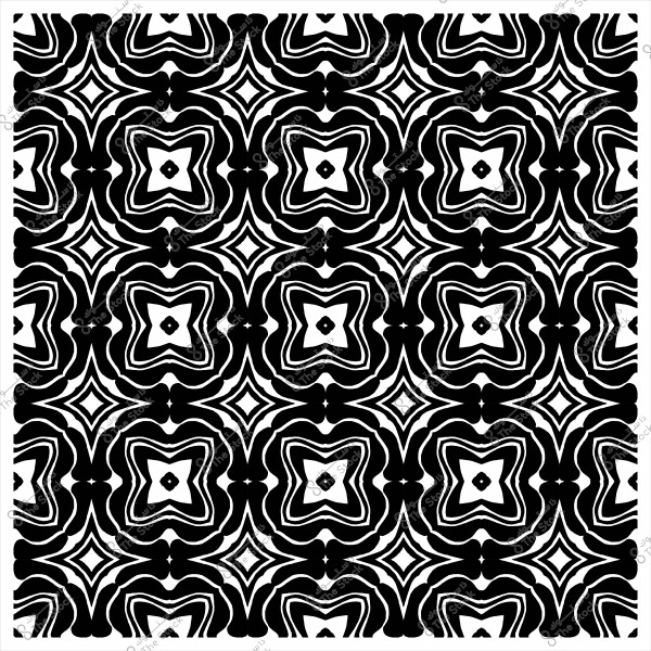 Black and white geometric pattern featuring floral shapes and interlocking stars.