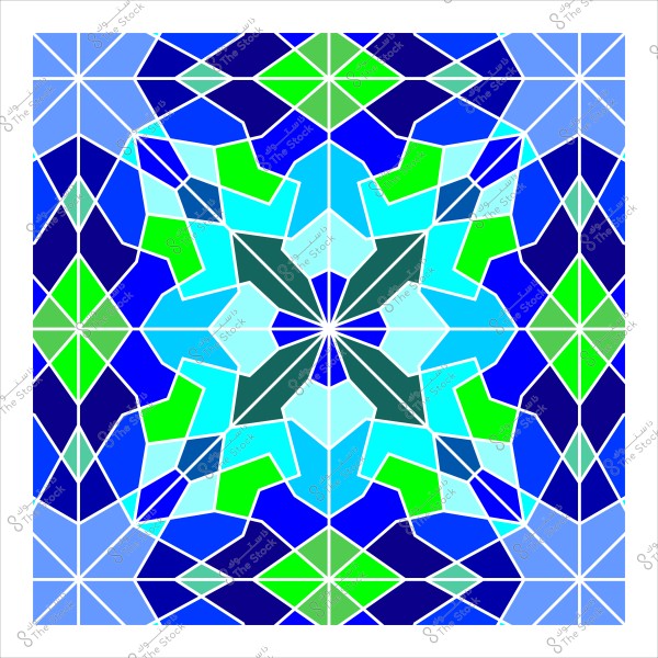 تصميم هندسي متماثل بألوان زرقاء وخضراء, يتميز بأشكال هندسية معقدة تمثل نمطًا زخرفيًا يشبه الزخارف الإسلامية التقليدية. يتمركز التصميم بنجمة متعددة الأطراف تتفرع منها أشكال ماسية ومثلثات صغيرة, مما يخلق تأثيرًا متناغمًا.

-