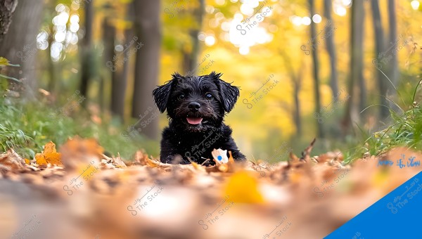 A small puppy with black fur is sitting on a path covered with yellow leaves in an autumn forest. The trees in the background are blurred and filled with warm colors like yellow and orange from the fallen leaves. The puppy appears happy and playful.