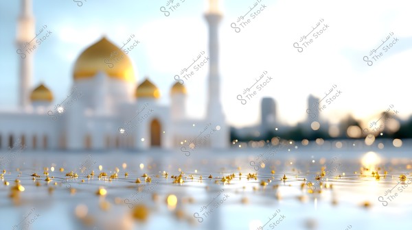 An image depicting a shiny surface with small golden leaves shaped like triangles scattered in the foreground. In the blurred background, a large mosque with minarets and golden domes is visible. The scene captures sunlight reflecting off various elements, adding a magical and serene touch to the image.