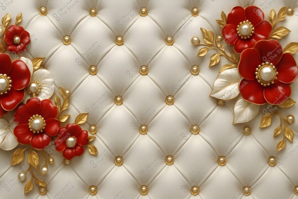 An image depicting an interior design with button-tufted leather featuring golden buttons and floral decorations. The pattern is diamond-shaped, adorned with large red flowers accented by golden leaves and small white flowers. The flowers and golden embellishments add a luxurious and elegant touch to the design.