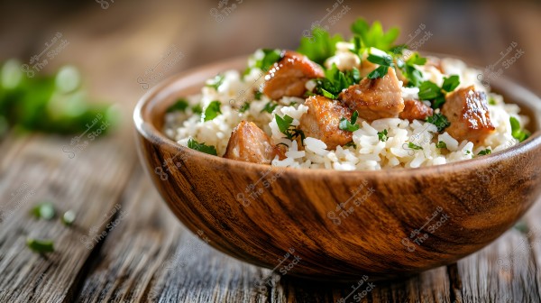 Image of a wooden bowl filled with cooked white rice and pieces of grilled meat. The dish is garnished with chopped parsley. The natural wood grain of the bowl is clearly visible. The background is blurred, highlighting the details of the food in the foreground.