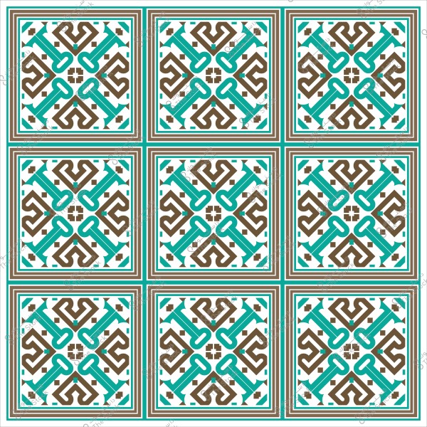 نمط هندسي إسلامي ملون بألوان البني والتركوازي, يشكل تصميماً متكرراً على شكل مربعات متماثلة.
