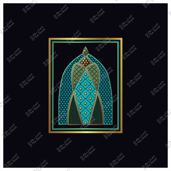 تصميم زخرفي بألوان ذهبية وزرقاء يظهر نمطاً هندسياً معقداً على خلفية سوداء.