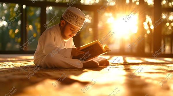 A child wearing a white robe and decorative headgear is sitting on a floor rug reading a religious book. Sun rays are shining brightly in the background, with a room featuring natural decor.