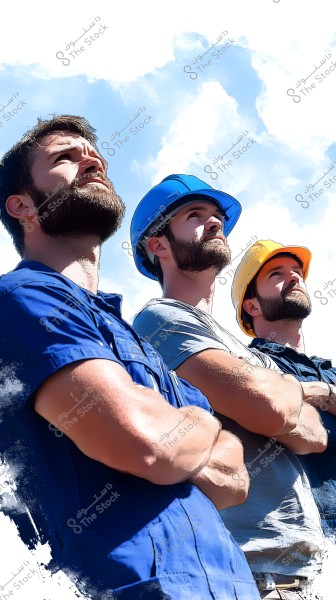 Three men wearing colorful safety helmets, blue and yellow, stand side by side looking up towards the sky. The first man is wearing a light blue shirt, while the others are dressed in casual work-appropriate attire. The background shows a blue sky with white clouds.