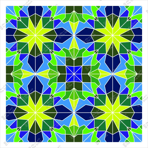 تصميم زخرفي هندسي بألوان زرقاء وخضراء وصفراء يتكرر في نمط متناظر يشبه الفنون الإسلامية والفسيفساء التقليدية.

-