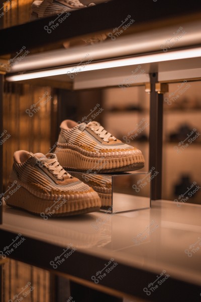 A pair of trendy sneakers displayed in a well-lit store with glass shelves.