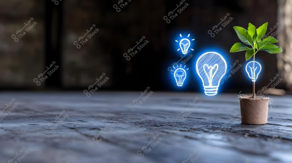 An image featuring a green sapling in a small pot on a wooden floor. Surrounding the sapling are illustrations of glowing light bulbs, symbolizing ideas and creativity, with a dark background enhancing the contrast of the bright colors.