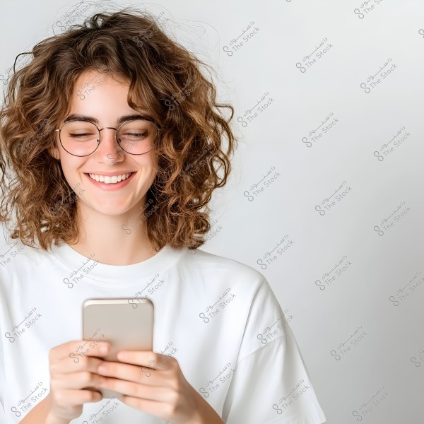 A portrait of a woman smiling while looking at her smartphone. She has curly brown hair and is wearing round glasses and a white shirt. A blurred neutral background emphasizes her facial features and happy expression.