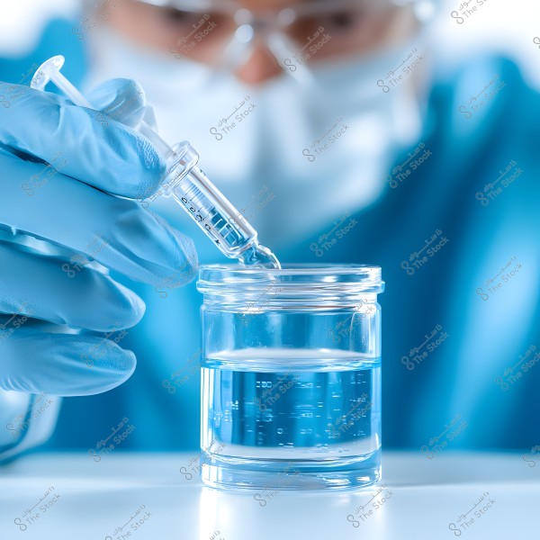 A scientist or technician wearing blue gloves and a blue lab coat uses a plastic pipette to transfer a clear liquid into a small clear bottle filled with liquid. In the background, the scientist or technician appears focused, wearing safety goggles and a face mask.