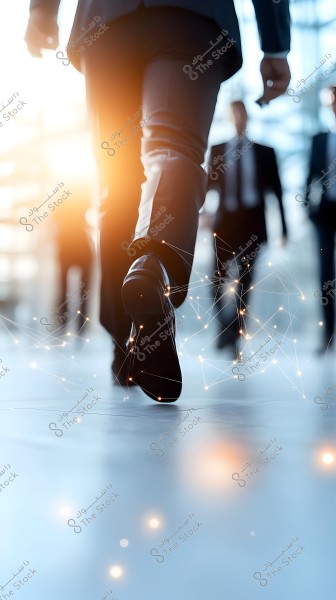 Image depicting a person walking on a glossy floor wearing a formal suit and shiny black shoes, with a blurred background indicating other people in formal attire. The lighting is vibrant with an orange and white glow effect, and connected lines emanating from the shoe suggesting technology or progress.