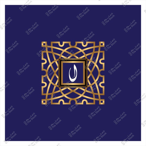 تصميم هندسي إسلامي أنيق بلون أزرق داكن تتوسطه زخرفة ذهبية معقدة. في وسط الزخرفة, يوجد مربع يحتوي على الحرف العربي \"ن\" باللون الأبيض.