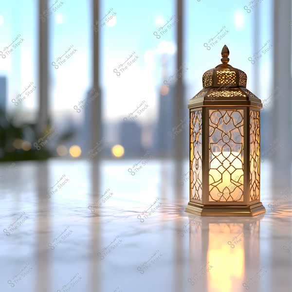 A traditional lantern with warm lights placed on a shiny marble surface. In the background, there is a large window with a blurred view outside.