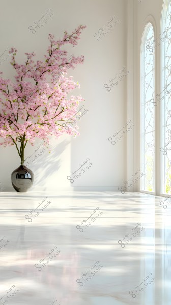 An image depicting a sunlit room with a shiny floor and a large black vase containing flowering branches with pink blossoms. The light enters the room through a large window adorned with decorative glass patterns.