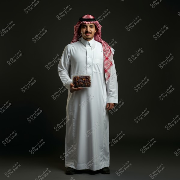 Image of a man wearing a traditional Saudi white thobe and red keffiyeh, holding a box of dates. The man stands with a slight smile against a dark background.