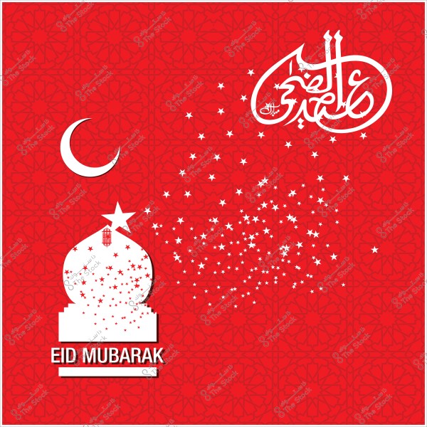 خلفية حمراء تحتوي على تصميم مزخرف بأشكال إسلامية بيضاء, مع عبارة "عيد مبارك" بالإنجليزية, وهلال ونجم, وكلمة "عيد سعيد" بالعربية مكتوبة بالخط العربي.