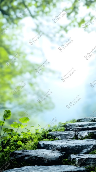 The image shows a stone pathway with large, staggered stones surrounded by vibrant green plants. The background is blurred, featuring green foliage and natural structures, giving a fresh and serene atmosphere.