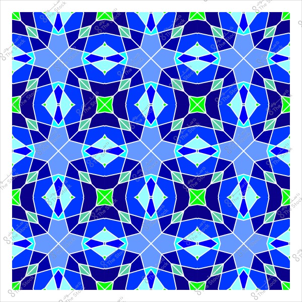 تصميم فسيفسائي هندسي بألوان متعددة تتضمن الأزرق الداكن, الأزرق الفاتح, والأخضر الفاتح. النمط يشبه النجوم والأشكال السداسية المتداخلة بترتيب متناظر يبرز التناسق في توزيع الألوان والأشكال.

-