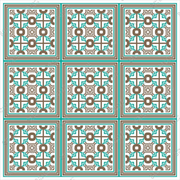 نمط زخرفي هندسي بألوان بنية وزرقاء وبيضاء في تسعة مربعات متكررة.