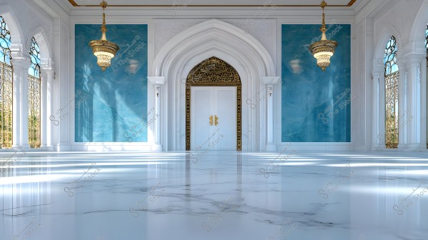 The image depicts an opulent hall adorned with shiny marble floors and elegant blue decorated walls. The prominent doors are made of white wood with golden embellishments. Lavish chandeliers hang from the ceiling, and beautiful arched windows with golden frames are visible on the sides, overlooking an outdoor view.
