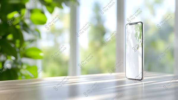 A smartphone stands on a wooden surface next to a window. Light reflects from outside with a background of blurred green foliage, giving the image a natural and refreshing feel.