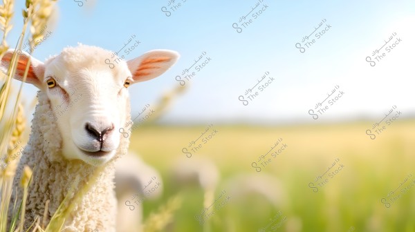 تظهر في الصورة خروف أبيض ينظر مباشرة نحو الكاميرا. يتميز الخروف بصوفه الكثيف الناعم وأذنيه الكبيرتين الوردية. الخلفية ضبابية وتحتوي على حقل من العشب الأخضر تنعكس فيه أشعة الشمس, مما يضفي جوًا هادئًا وطبيعيًا.