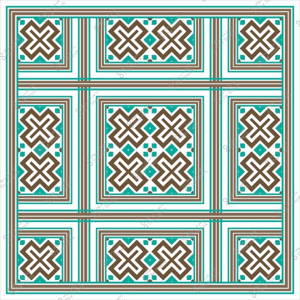Geometric decorative pattern in brown and green with a cross-like design.