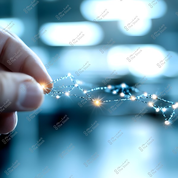 The image shows a hand holding a shimmering network of light points connected by fine lines. The background is blurred and appears in light blue tones, giving a sense of technology and connectivity.