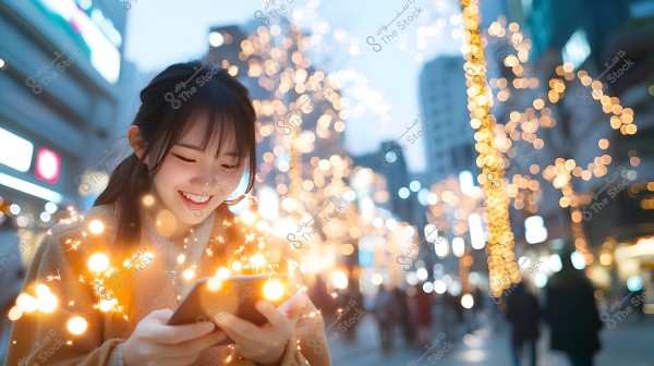 صورة لشابة تبتسم بينما تنظر إلى هاتفها وسط مدينة مضاءة بأضواء ذهبية ولامعة معلقة على الأشجار. ترتدي معطفًا بنيًا, والمشهد يعكس أجواء شتوية احتفالية.