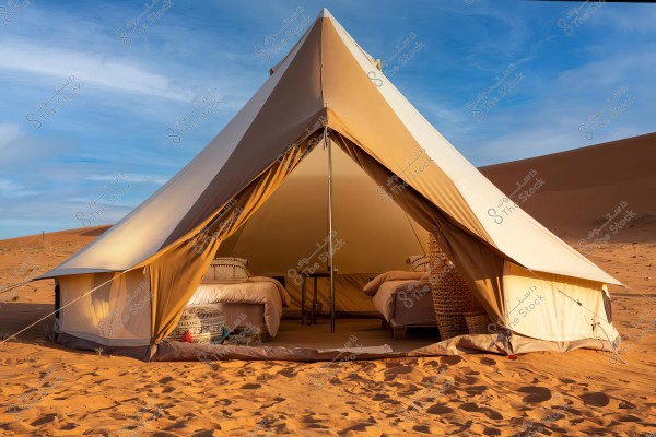 A large tent in the desert, open to reveal two comfortable beds with a small table between them. The tent is surrounded by sand with sand dunes visible in the background under a clear blue sky.
