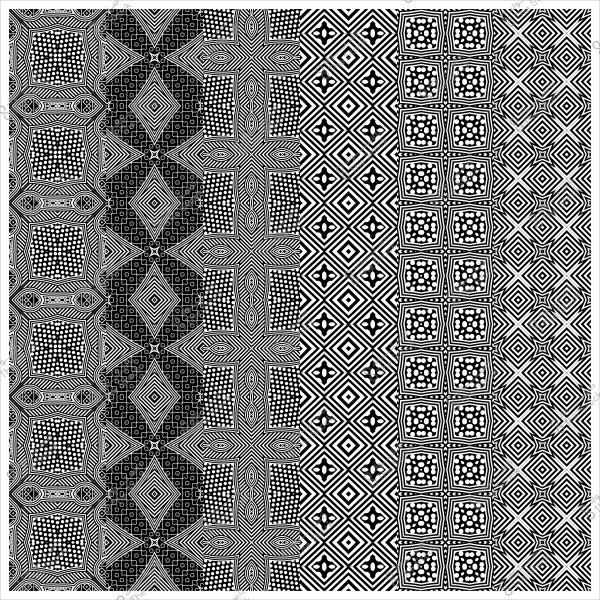 An intricate black and white pattern consisting of repeating geometric shapes like squares, circles, and diamonds arranged in adjacent columns.