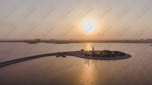 An aesthetic drone shot of Marjan Island in Dammam in the Eastern Province, showing a clear sky and nature in Saudi Arabia.