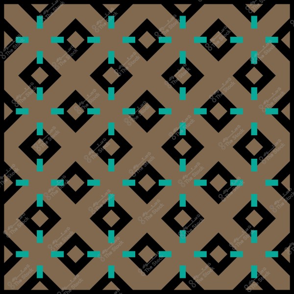Geometric pattern featuring repeating diamond shapes in black and turquoise on a brown background.