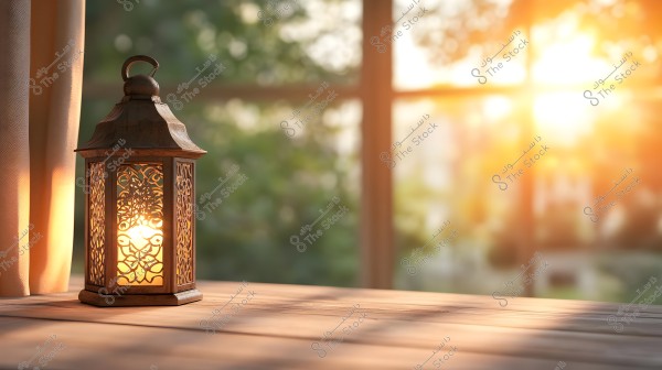 A decorative metal lantern glowing inside a room at sunset, placed on a wooden table next to a large window. Sunlight streams through the window behind the lantern, casting a warm glow throughout the scene.