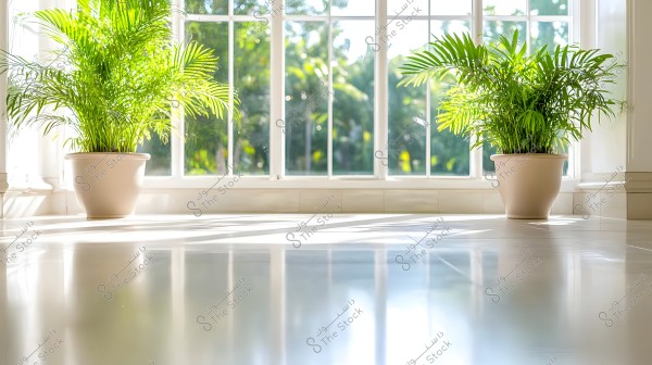 The image shows potted plants in white pots placed on a shiny floor in front of a large window with multiple glass panes. Natural light floods the area, with trees and greenery visible outside through the windows.