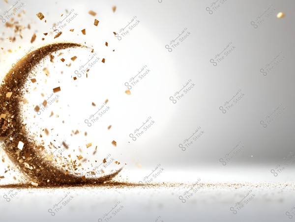 An image of a visual phenomenon showing golden fragments flying in the shape of a crescent moon against a smooth white background. The scattered small pieces add a sense of movement and dynamism to the image.