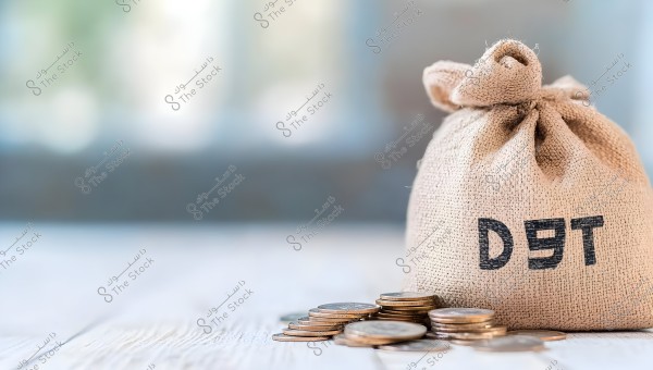 Image of a small burlap sack with the word \"DEBT\" written on it in black. The sack is placed on a wooden table, surrounded by neatly stacked coins.
